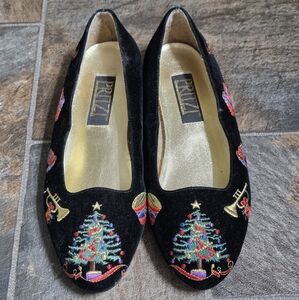 Pritzi Whimsy Christmas Flats Vintage Velvet Black Embroidered- Size 7 Holiday